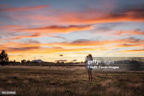 side view of woman photographing while standing on grassy field - prescott bildbanksfoton och bilder