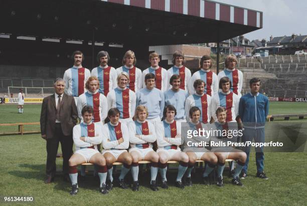 Crystal Palace football squad posed together on the pitch at Selhurst Park stadium in south London during the 1971-72 season in August 1972. The team...