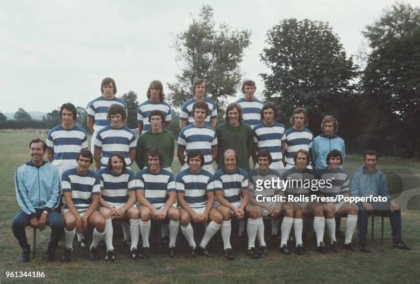 Queens Park Rangers FC team squad posed together on the pitch at the club's training ground in London during the 1971-72 season in 1972. The team...