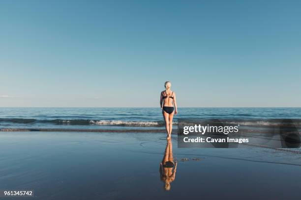rear view of woman wearing bikini while walking at beach towards sea against clear sky - bibione stock pictures, royalty-free photos & images