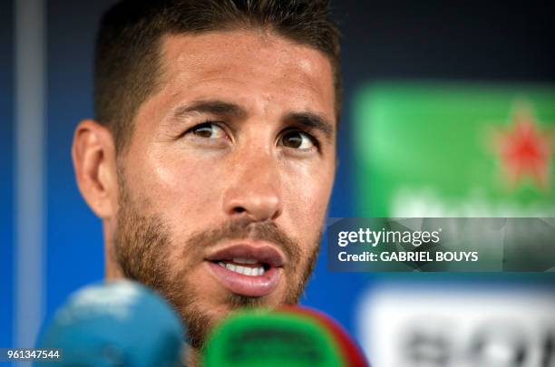 Real Madrid's Spanish defender Sergio Ramos addresses journalists during Real Madrid's Media Open Day ahead of their UEFA Champions league final...