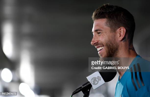 Real Madrid's Spanish defender Sergio Ramos addresses journalists during Real Madrid's Media Open Day ahead of their UEFA Champions league final...