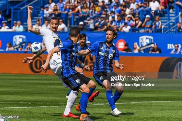 Los Angeles Galaxy forward Zlatan Ibrahimovic looks at the ball behind him during the LA Galaxy versus the Montreal Impact game on May 21 at Stade...