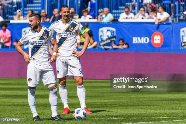 Los Angeles Galaxy midfielder Romain Alessandrini and Los Angeles Galaxy forward Zlatan Ibrahimovic stand before a free kick during the LA Galaxy...