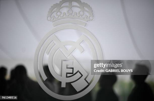 Picture shows Real Madrid CF's badge on a window during Real Madrid's Media Open Day ahead of their UEFA Champions league final footbal match against...