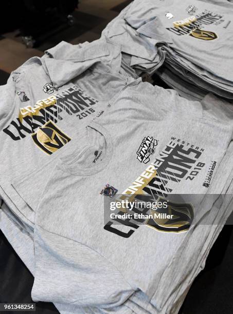 Vegas Golden Knights "Western Conference Champions" T-shirts are displayed at the Arsenal retail store at City National Arena the day after the team...