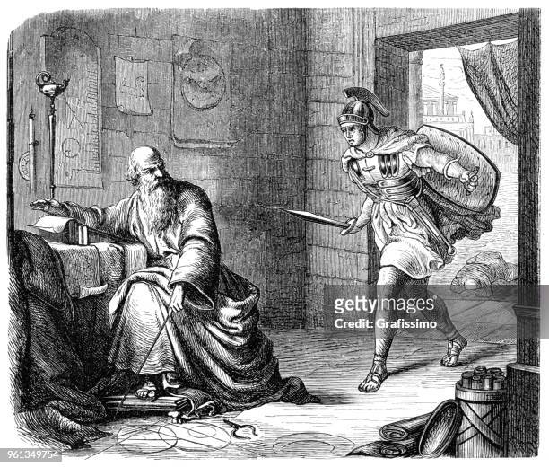 roman soldier killing greek mathematician archimedes - archimedes stock illustrations