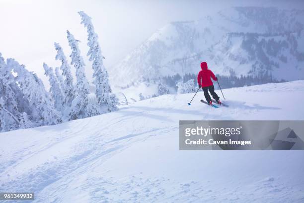 rear view of woman skiing on snow covered landscape - teton village stock-fotos und bilder