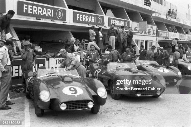 Mike Hawthorn, Peter Collins, Louise Collins, Luigi Musso, Ferrari 250 Testa Rossa, Ferrari 335S, 24 Hours of Le Mans, Le Mans, 23 June 1957. The...