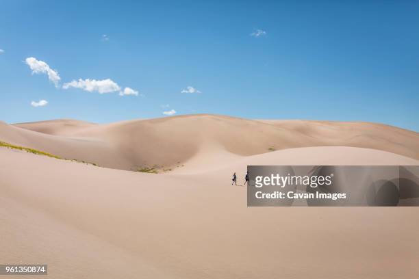 high angle view of hikers walking on desert at great sand dunes national park during sunny day - great sand dunes national park stock pictures, royalty-free photos & images