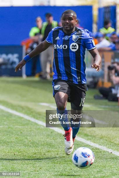 Montreal Impact defender Chris Duvall runs towards the ball during the LA Galaxy versus the Montreal Impact game on May 21 at Stade Saputo in...