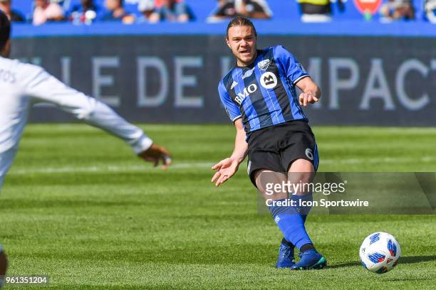 Montreal Impact midfielder Samuel Piette kicks the ball during the LA Galaxy versus the Montreal Impact game on May 21 at Stade Saputo in Montreal, QC