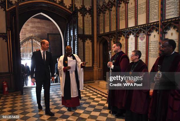 Prince William, Duke of Cambridge, arrives with Dean of Manchester The Very Revd Rogers Govender at the Manchester Arena National Service of...