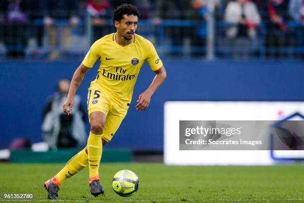 Marquinhos of Paris Saint Germain during the French League 1 match between Caen v Paris Saint Germain at the Stade Michel d Ornano on May 19, 2018 in...