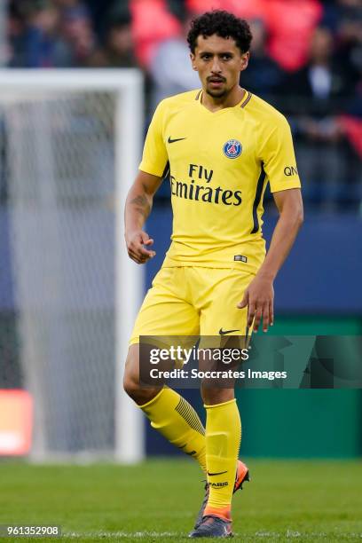 Marquinhos of Paris Saint Germain during the French League 1 match between Caen v Paris Saint Germain at the Stade Michel d Ornano on May 19, 2018 in...