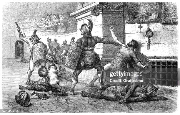 roman gladiators fighting in coliseum illustration 1880 - rome gladiator drawing stock illustrations