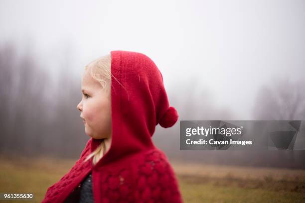 close-up of girl standing on field during foggy weather - westminster maryland fotografías e imágenes de stock