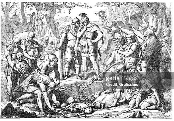 germanicus finding the fallen soldiers from the varus battle - germanicus stock illustrations