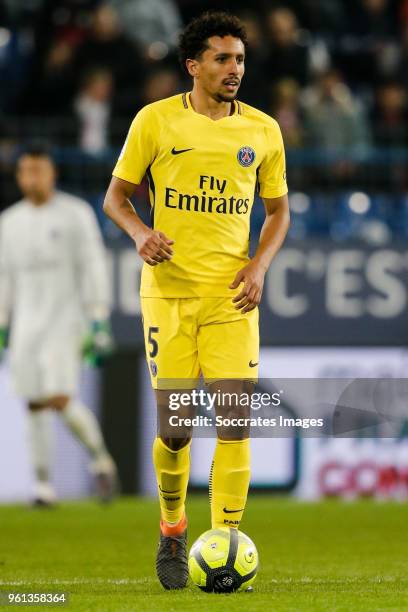 Marquinhos of Paris Saint Germain during the French League 1 match between Caen v Paris Saint Germain at the Stade Michel d Ornano on May 19, 2018 in...