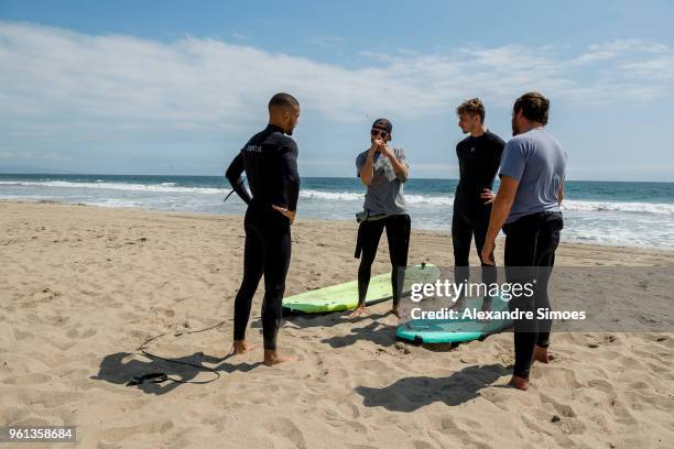 Jeremy Toljan and Maximilian Philipp of Borussia Dortmund are getting a surf lesson at the Venice Beach during Borussia Dortmund's USA Training Camp...