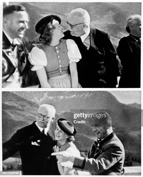 Combo picture of Eva Braun, companion of Adolf Hitler, surrounded by unidentified people, in the 40s, at the Berghof on the Obersalzberg, the house...