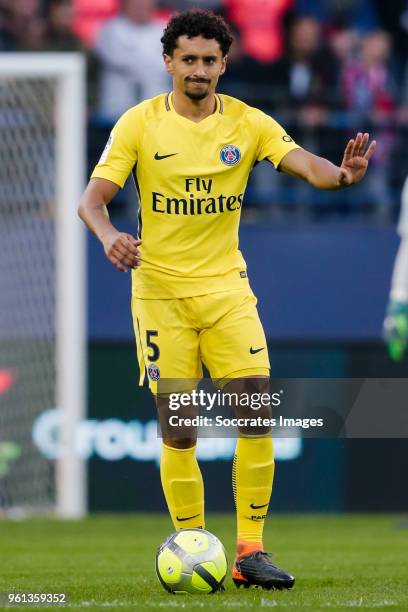 Marquinhos of Paris Saint Germain during the French League 1 match between Caen v Paris Saint Germain at the Stade Michel d Ornano on May 19, 2018 in...