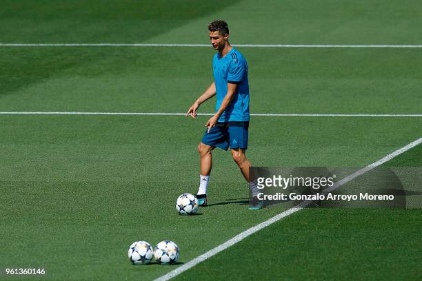 Cristiano Ronaldo of Real Madrid CF kicks the ball during a training session held during the Real Madrid UEFA Open Media Day ahead of the UEFA...