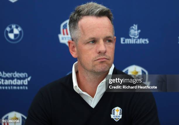 Luke Donald speaks in a press conference after he is announced as a 2018 Ryder Cup Vice Captain by Captain Thomas Bjorn during previews for the BMW...