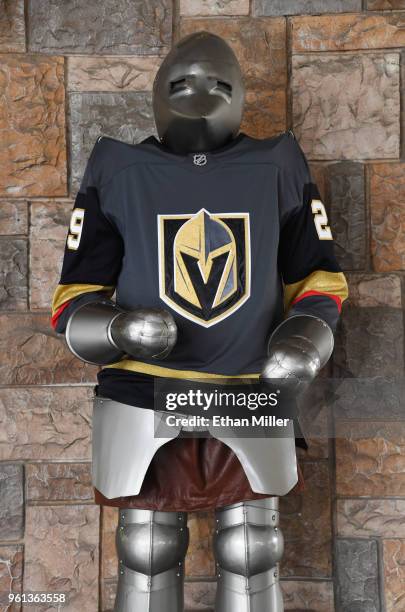 Knight at Excalibur Hotel & Casino wears a jersey of goaltender Marc-Andre Fleury of the Vegas Golden Knights the day after the team won the Western...