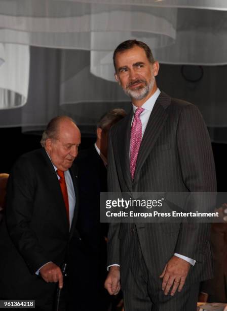 King Juan Carlos and King Felipe of Spain attend COTEC presentation on May 22, 2018 in Madrid, Spain.