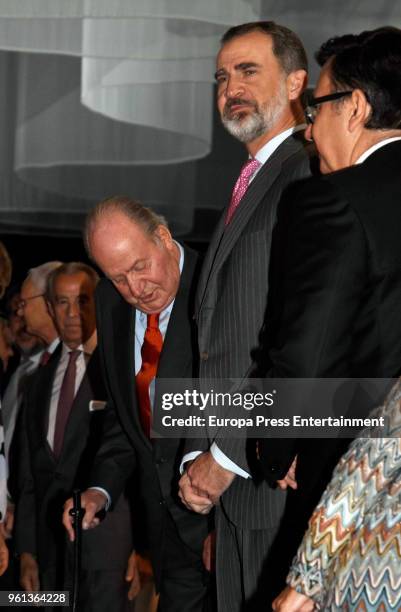 King Juan Carlos and King Felipe of Spain attend COTEC presentation on May 22, 2018 in Madrid, Spain.