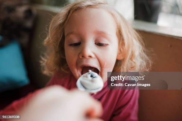 cropped hand of grandmother feeding granddaughter at home - spoon in hand ストックフォトと画像