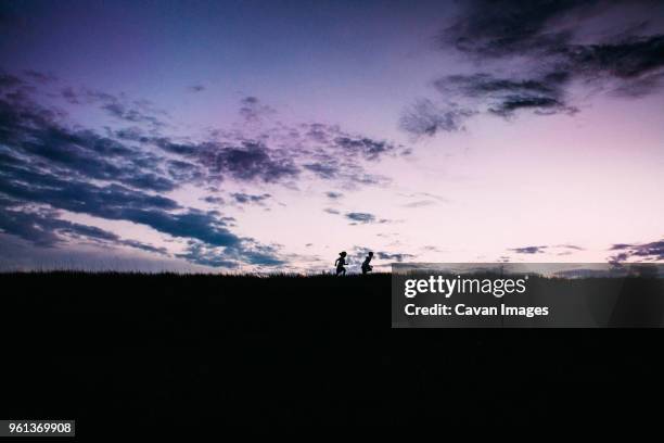 silhouette siblings running on field against sky during sunset - silhouette mädchen rennen stock-fotos und bilder