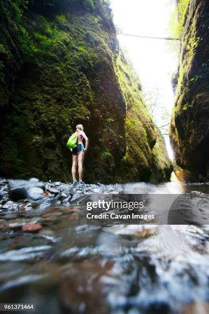 female hiker carrying backpack while standing amidst mountains - oneonta gorge stock pictures, royalty-free photos & images