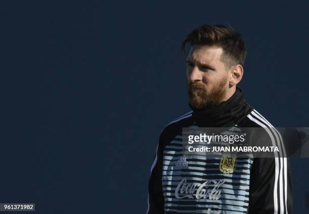 Argentina's football team forward Lionel Messi is pictured, during a training session in Ezeiza, Buenos Aires on May 22, 2018. - The Argentinian team...