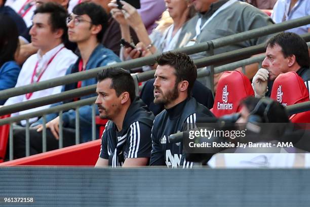 Rui Faria assistant head coach / manager of Manchester United sits next to Michael Carrick of Manchester United during The Emirates FA Cup Final...