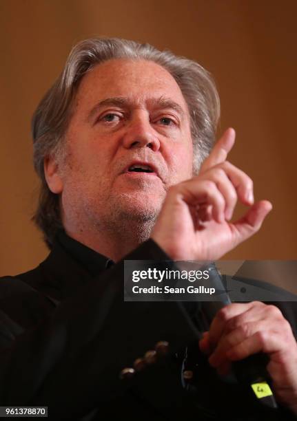 Steve Bannon, former White House Chief Strategist to U.S. President Donald Trump, speaks at a debate with Lanny Davis, former special counsel to Bill...