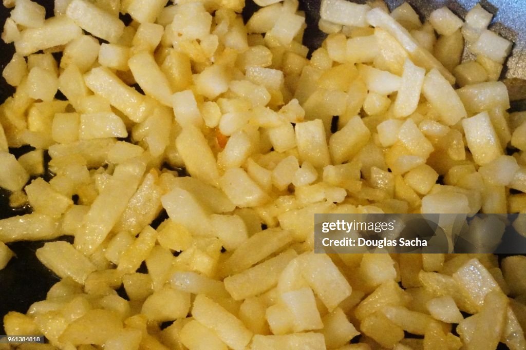 Serving plate of fried Hashbrown Potatoes (Solanum tuberosum)
