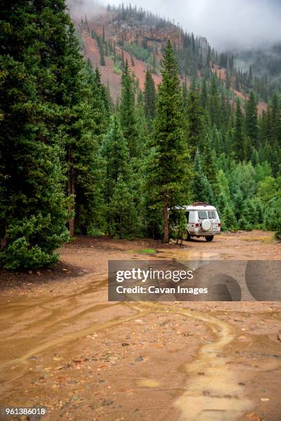 motor home parked on wet field in forest - off highway vehicle stock pictures, royalty-free photos & images