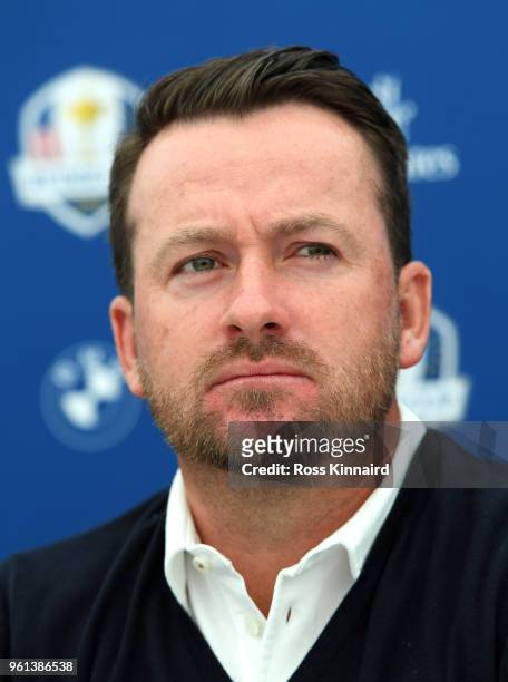 Graeme McDowell speaks in a press conference after he is announced as a 2018 Ryder Cup Vice Captain by Captain Thomas Bjorn during previews for the...