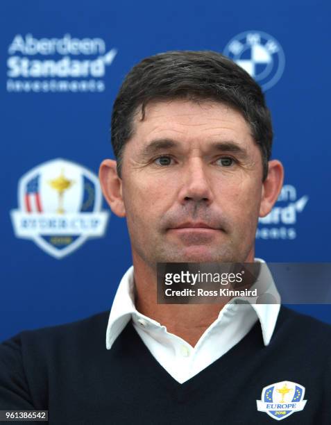 Padraig Harrington speaks in a press conference after he is announced as a 2018 Ryder Cup Vice Captain by Captain Thomas Bjorn during previews for...