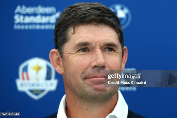 Padraig Harrington speaks in a press conference after he is announced as a 2018 Ryder Cup Vice Captain by Captain Thomas Bjorn during previews for...