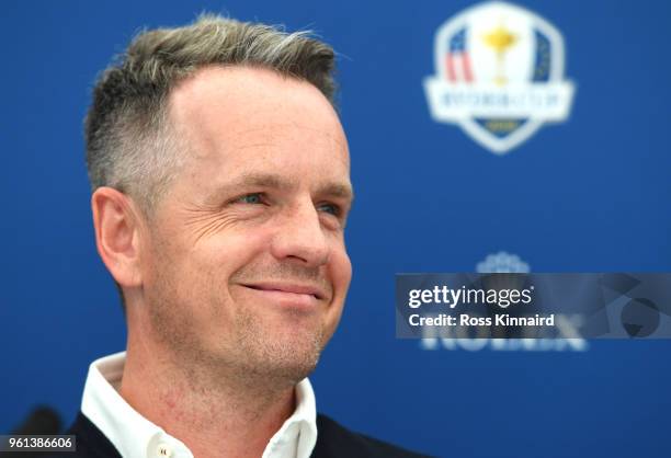 Luke Donald speaks in a press conference after he is announced as a 2018 Ryder Cup Vice Captain by Captain Thomas Bjorn during previews for the BMW...