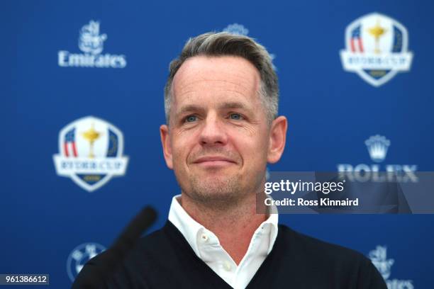 Luke Donald speaks in a press conference after he is announced as a 2018 Ryder Cup Vice Captain by Captain Thomas Bjorn during previews for the BMW...