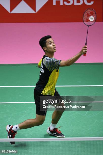 Anthony Sinisuka Ginting of Indonesia competes against Khosit Phetradab of Thailand during Preliminary Round on day three of the BWF Thomas & Uber...