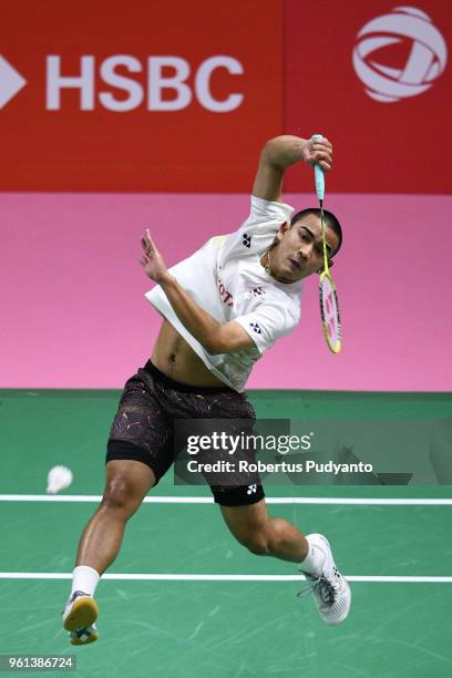 Khosit Phetradab of Thailand competes against Anthony Sinisuka Ginting of Indonesia during Preliminary Round on day three of the BWF Thomas & Uber...