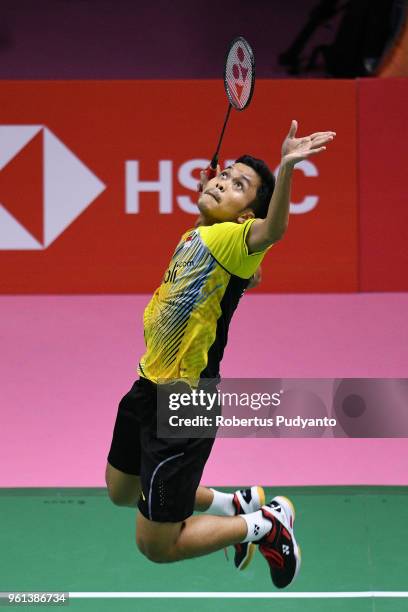 Anthony Sinisuka Ginting of Indonesia competes against Khosit Phetradab of Thailand during Preliminary Round on day three of the BWF Thomas & Uber...