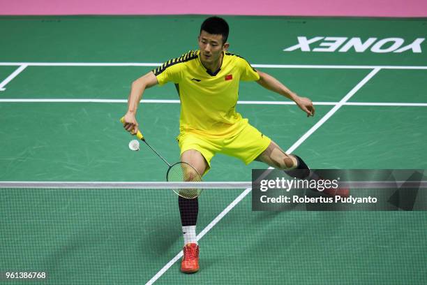 Chen Long of China competes against Prannoy HS of India during Preliminary Round on day three of the BWF Thomas & Uber Cup at Impact Arena on May 22,...