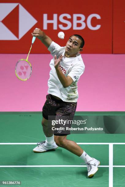 Khosit Phetradab of Thailand competes against Anthony Sinisuka Ginting of Indonesia during Preliminary Round on day three of the BWF Thomas & Uber...