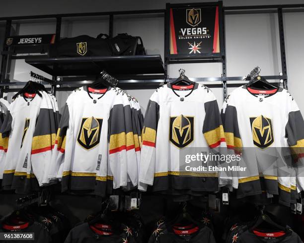 Vegas Golden Knights jerseys are displayed at the Arsenal retail store at City National Arena the day after the team won the Western Conference...